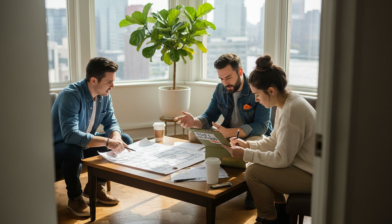 Office team discussing workflow in corner office