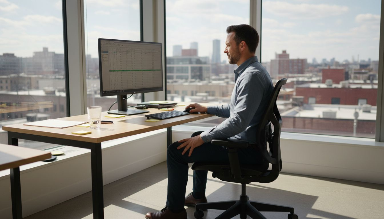 Man adjusting ergonomic chair in city office