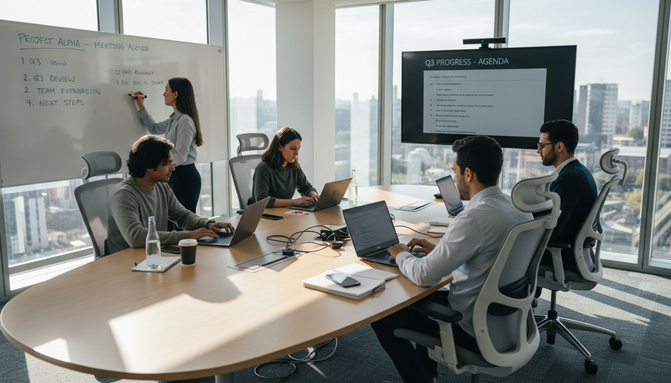 Team meeting in corner conference room with essentials