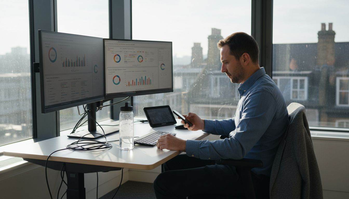 Man using smart desk with monitors and sunlight