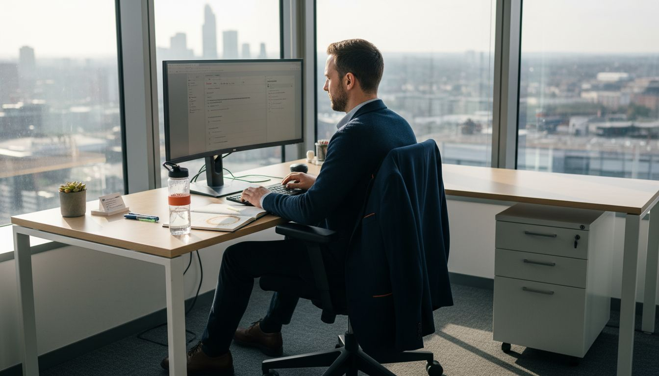 Office worker seated in ergonomic chair in 6th-floor office