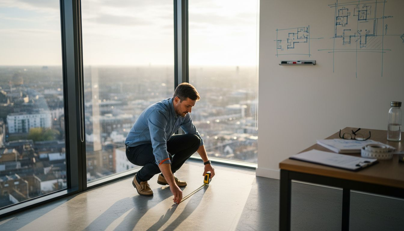 Office manager measuring sixth-floor office space