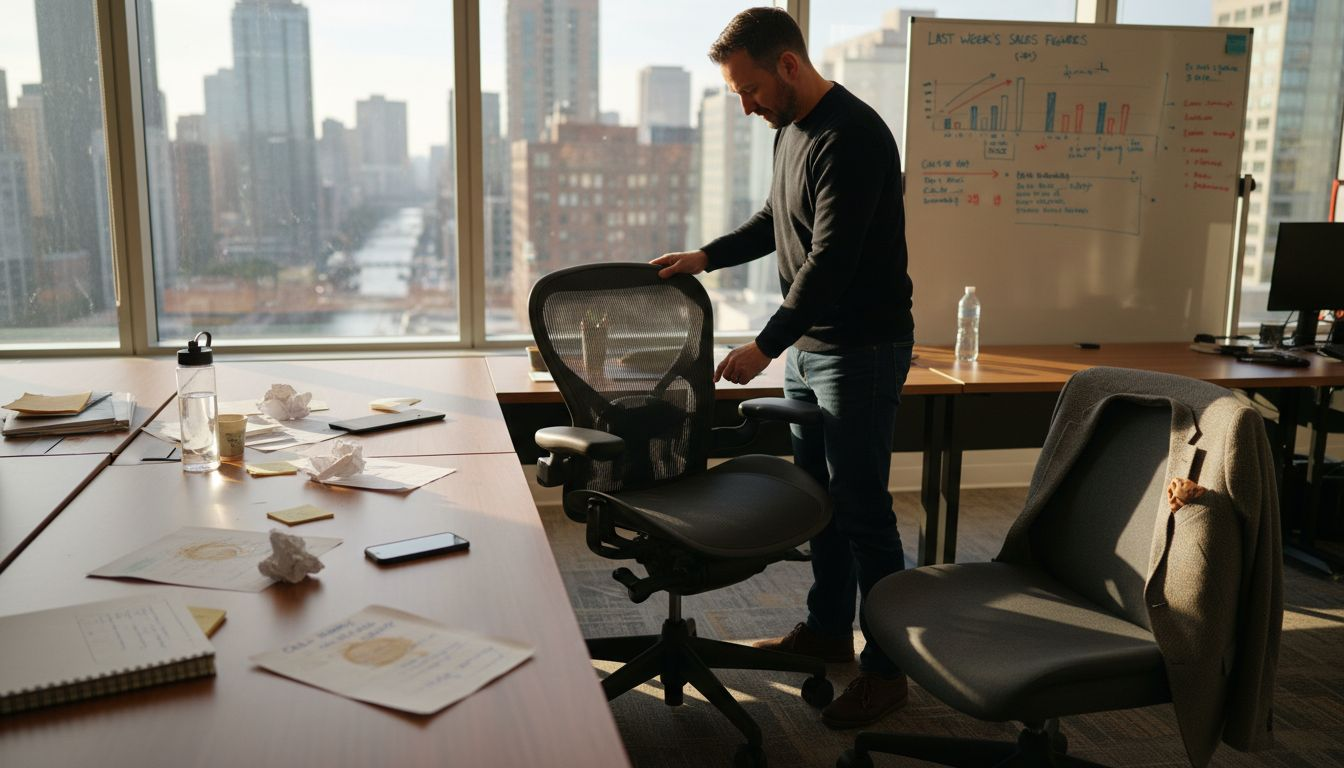 Man adjusting ergonomic chair in corner office