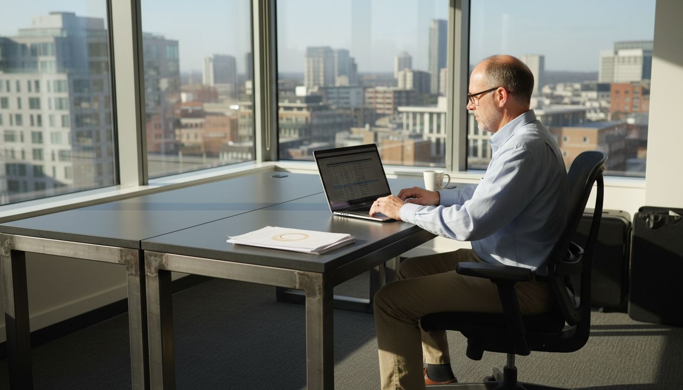 Office manager at durable desk in corner office