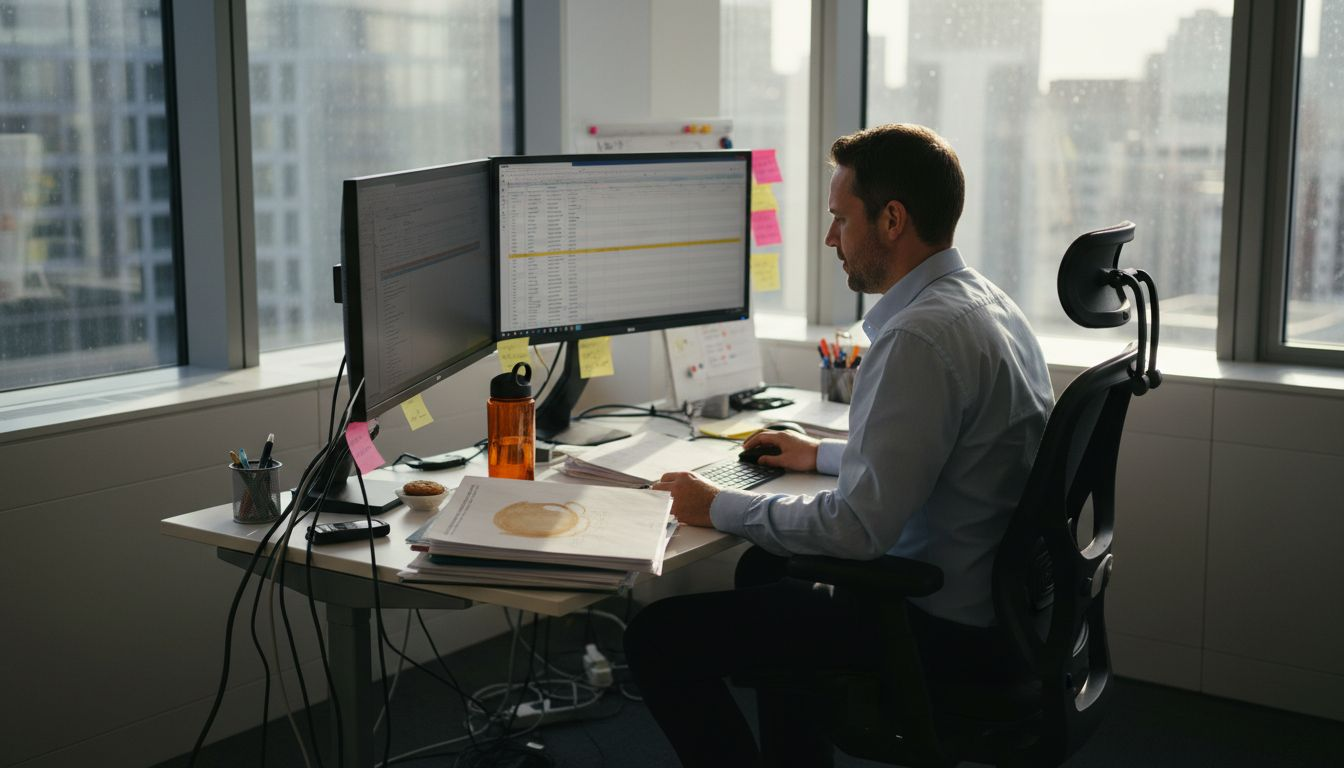 Worker in ergonomic chair at cluttered corner office desk