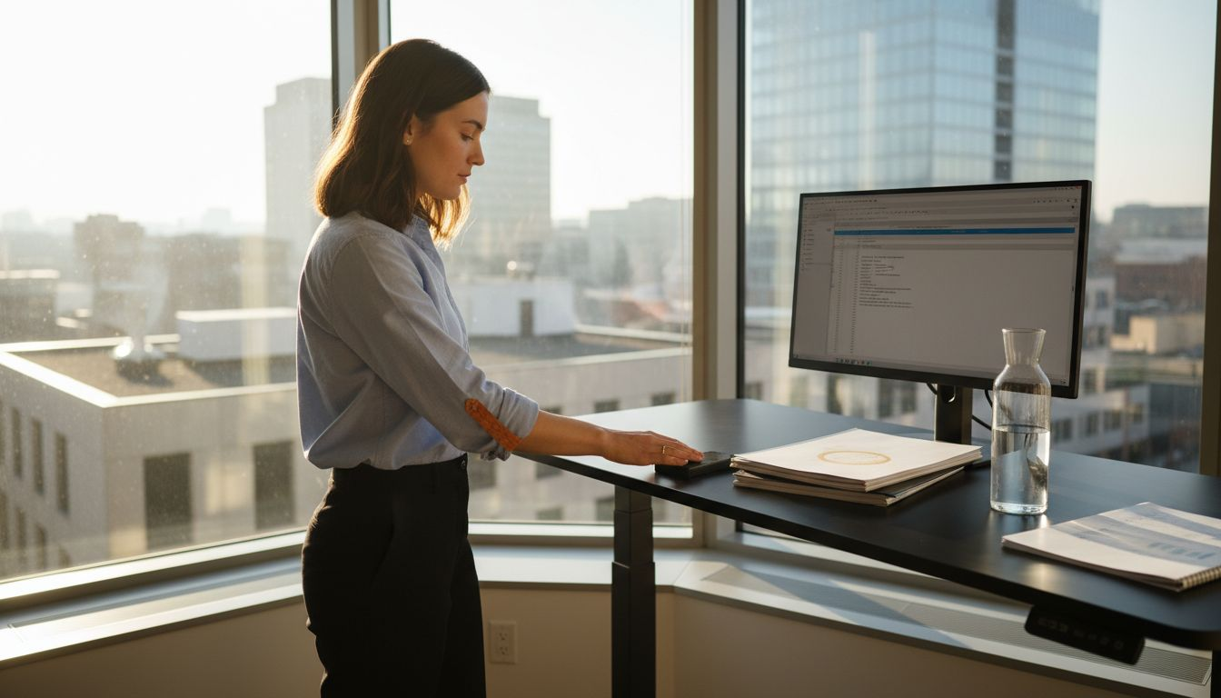 Person adjusting desk height in bright city office