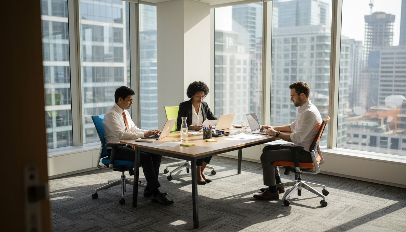 Staff in colourful office furniture brainstorming