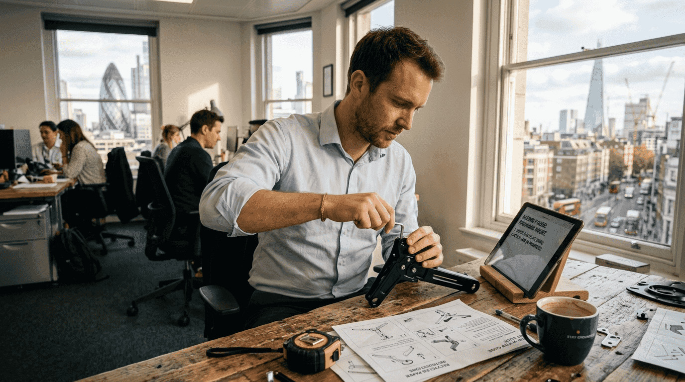 Worker assembling sustainable office desk in London