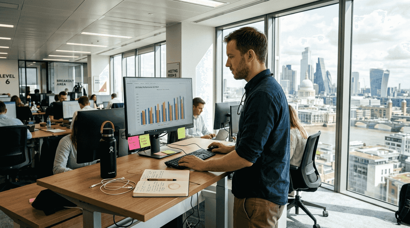 Office worker using height adjustable desk