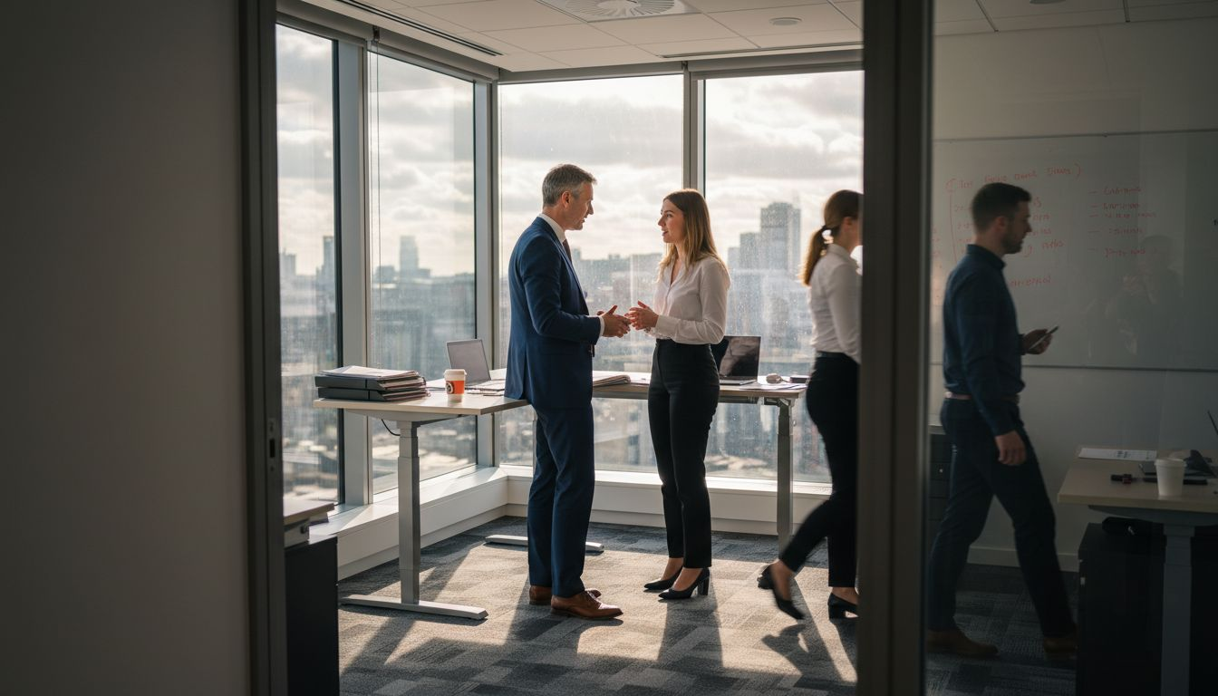Coworkers discuss furniture in bright city office