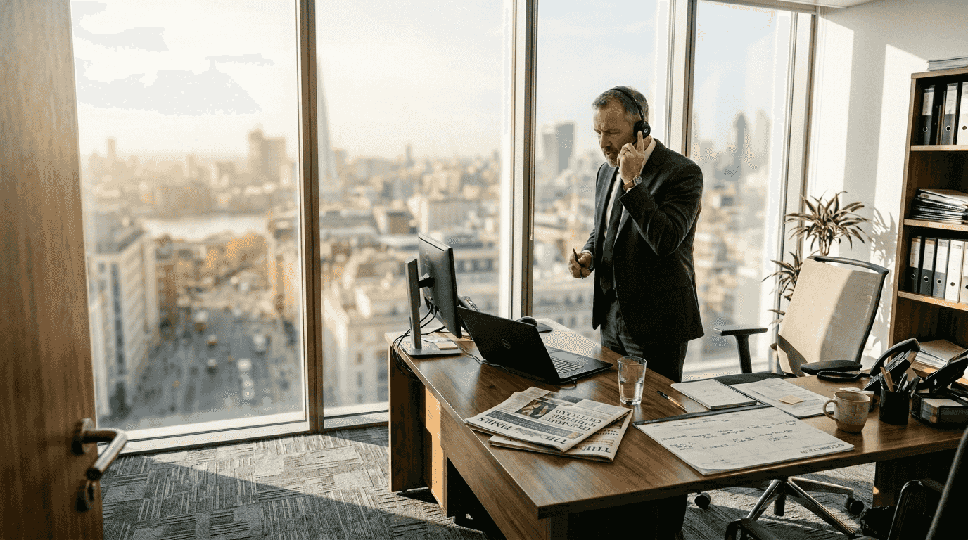 Executive working in corner office with city view