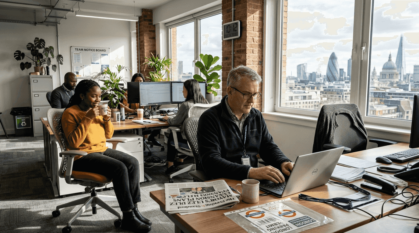 UK office workers in bright, comfortable workspace