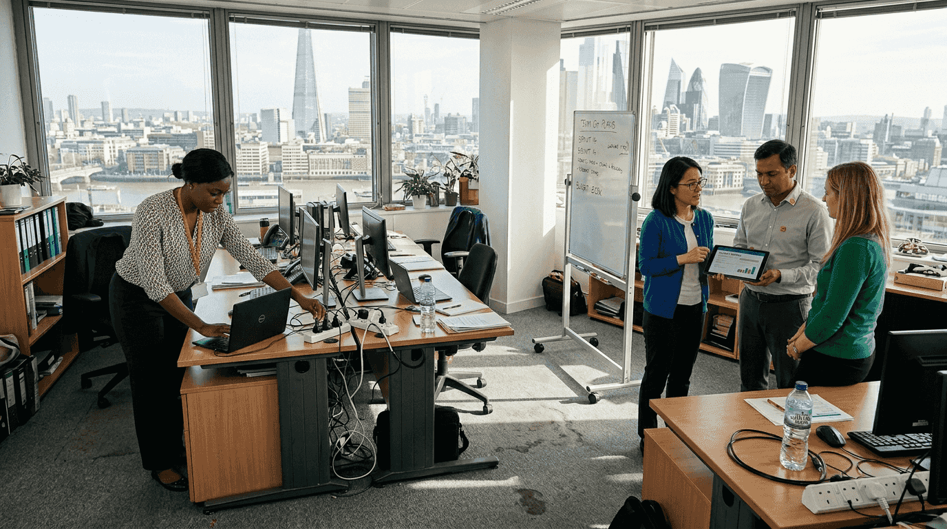 Team using collaborative desks in UK office