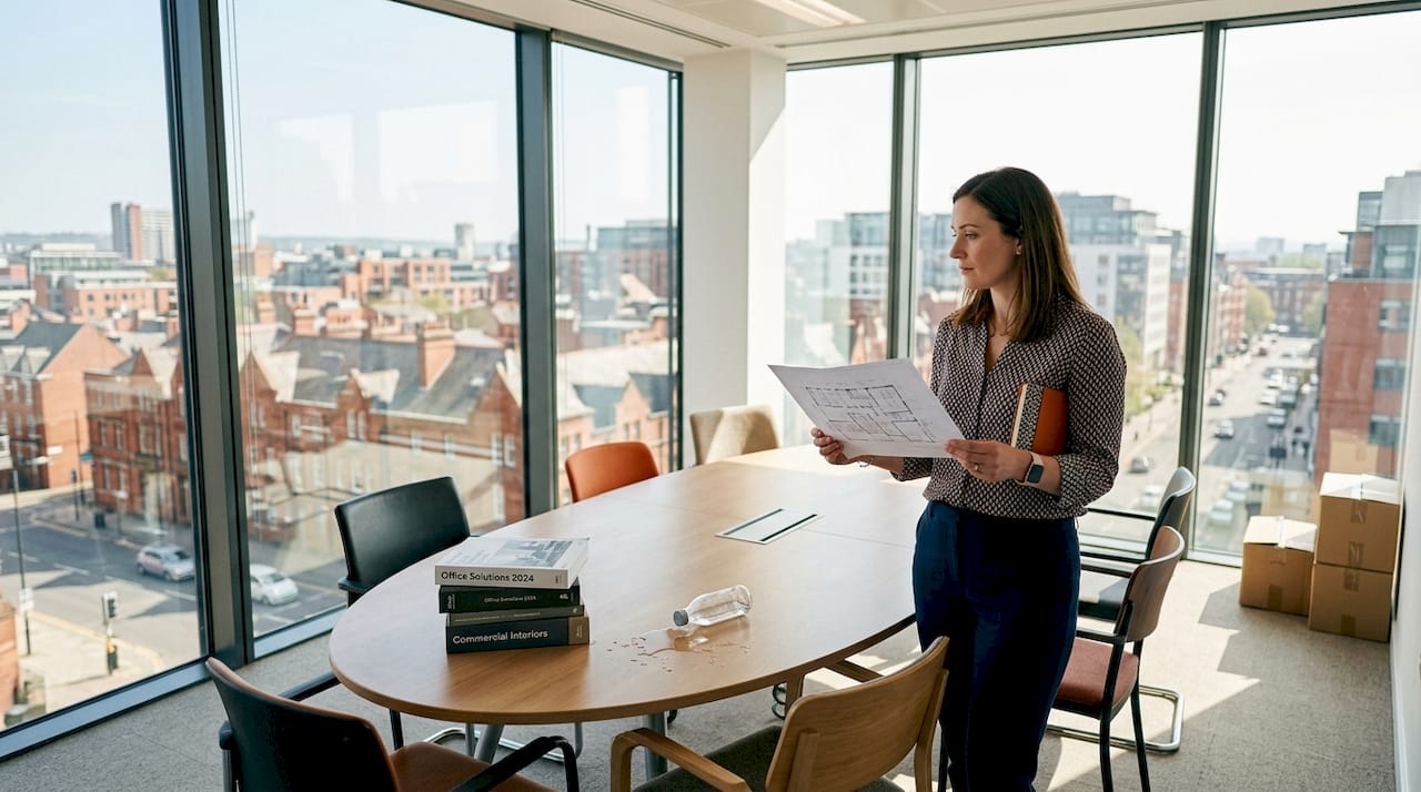 Manager reviewing conference table options in bright office