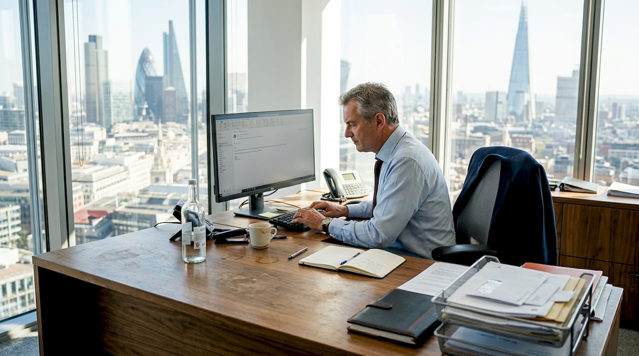 Executive working at 6th-floor corner office desk