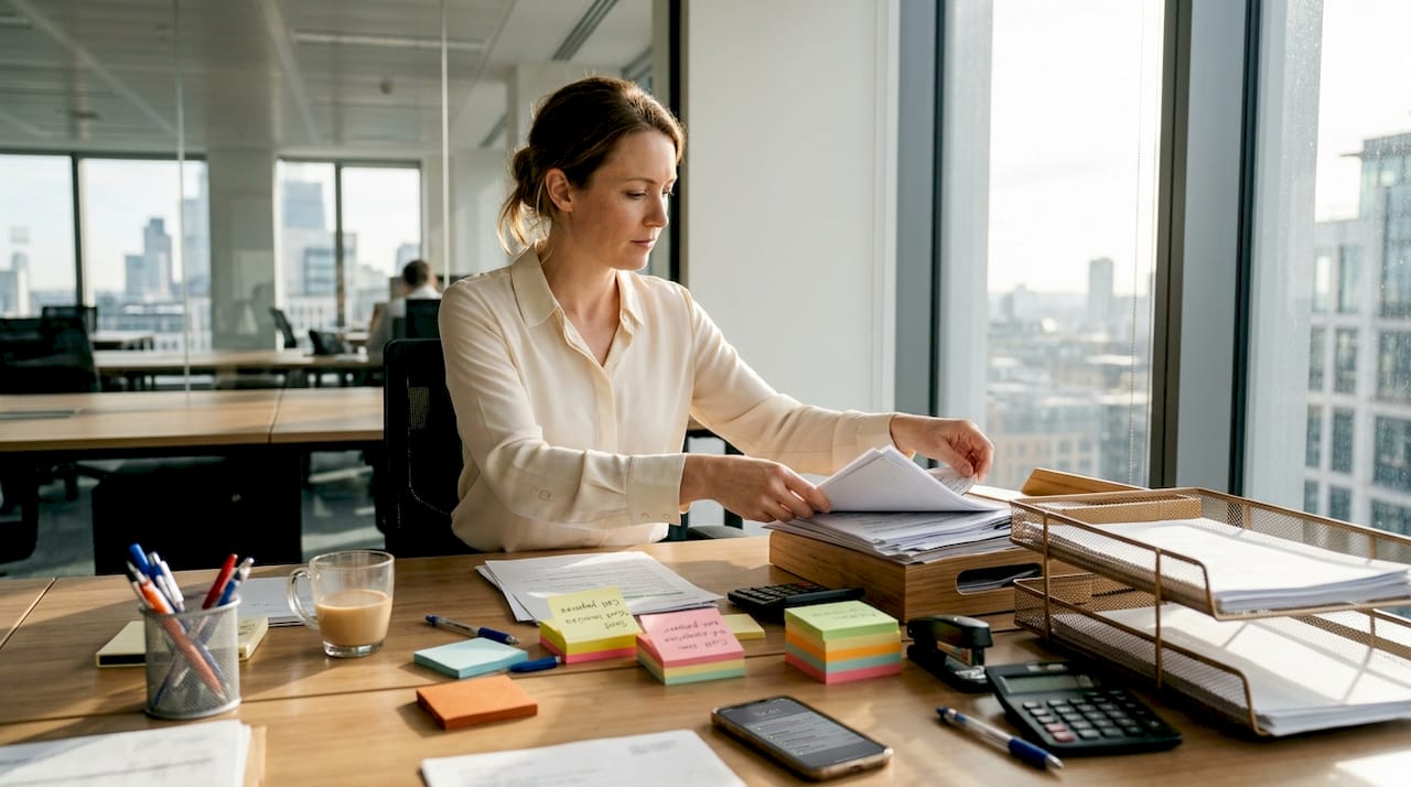 Office manager using desk organisers in workspace