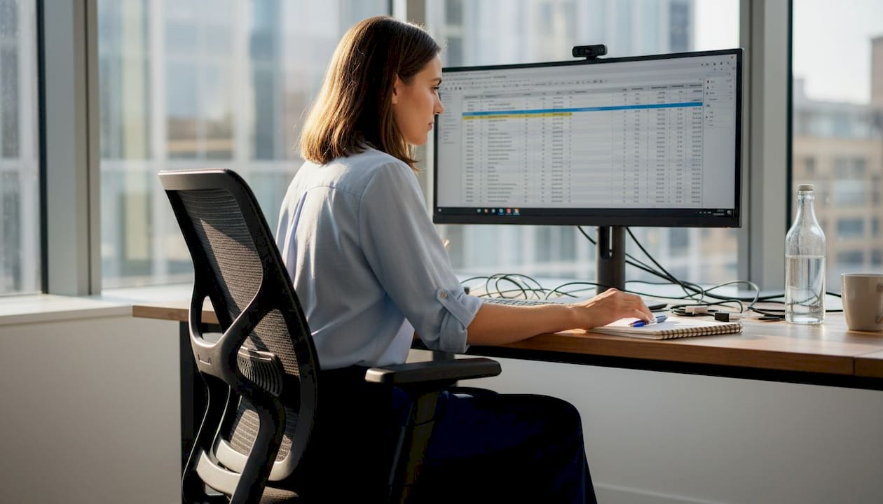 Mesh ergonomic chair in sunlit corner office