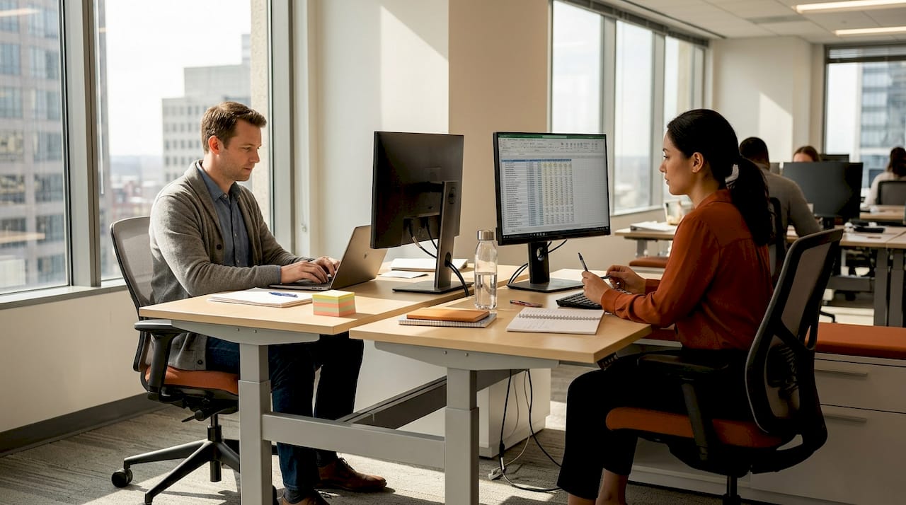 Coworkers using ergonomic office chairs at desks