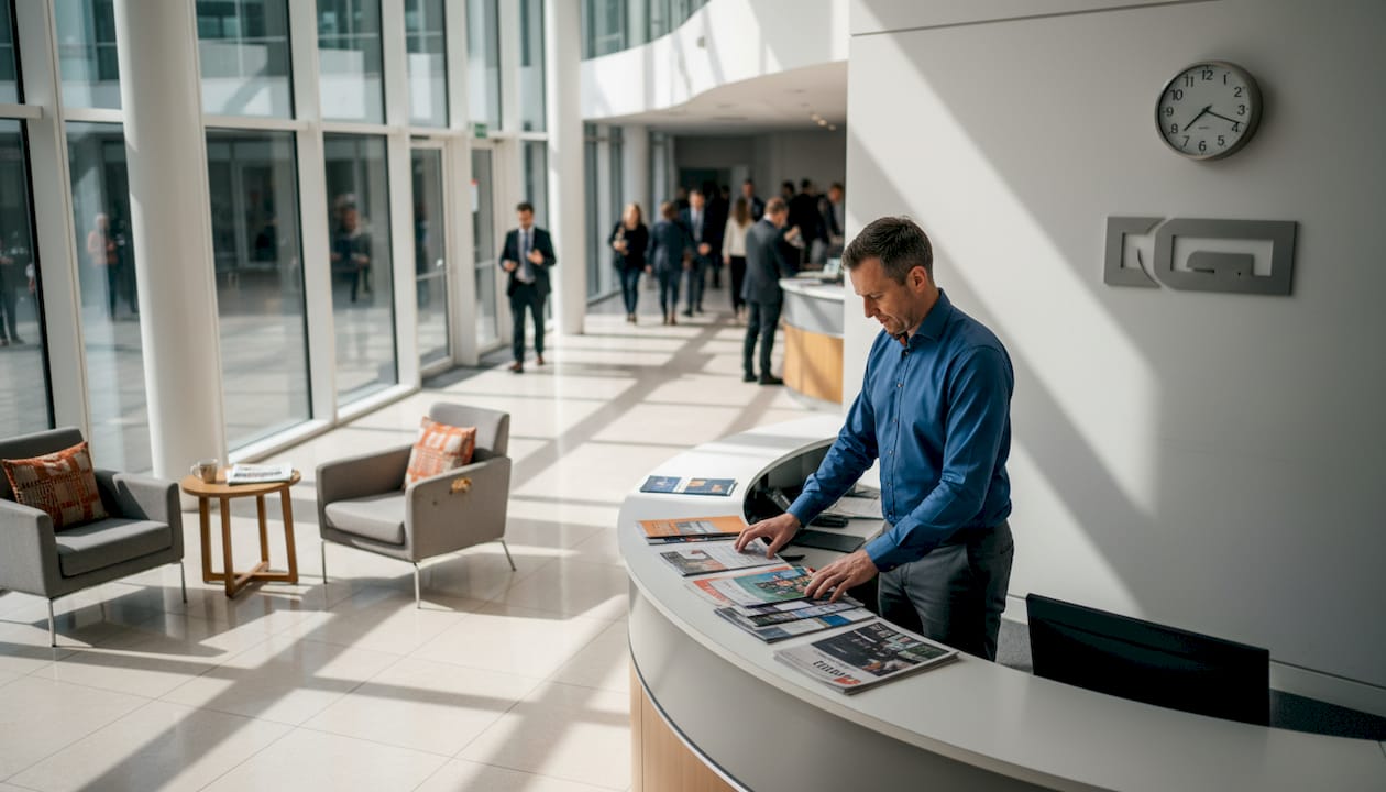 Receptionist organizing desk in modern office lobby