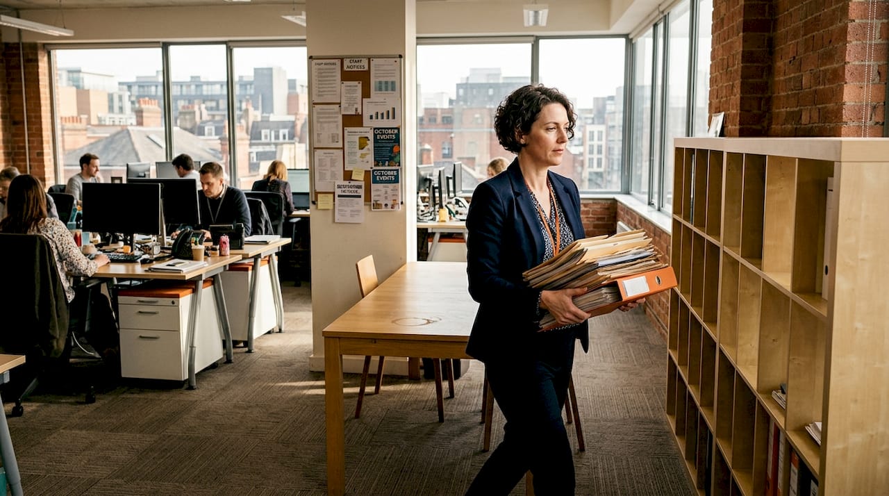 Office manager walking to modular shelving