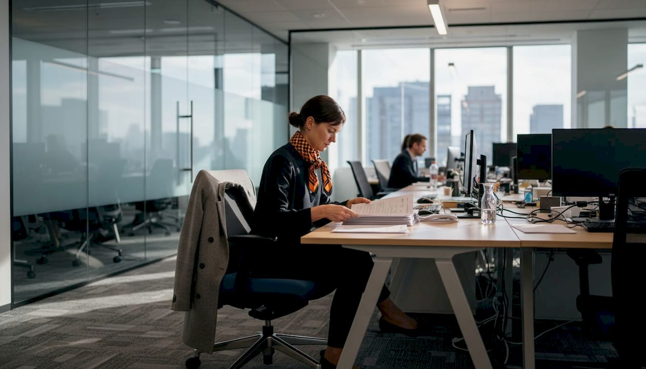 Employee arranging documents in hybrid office