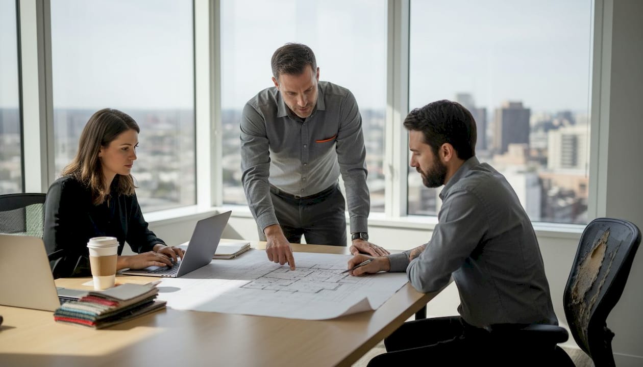 Team discussing office floor plan at workspace