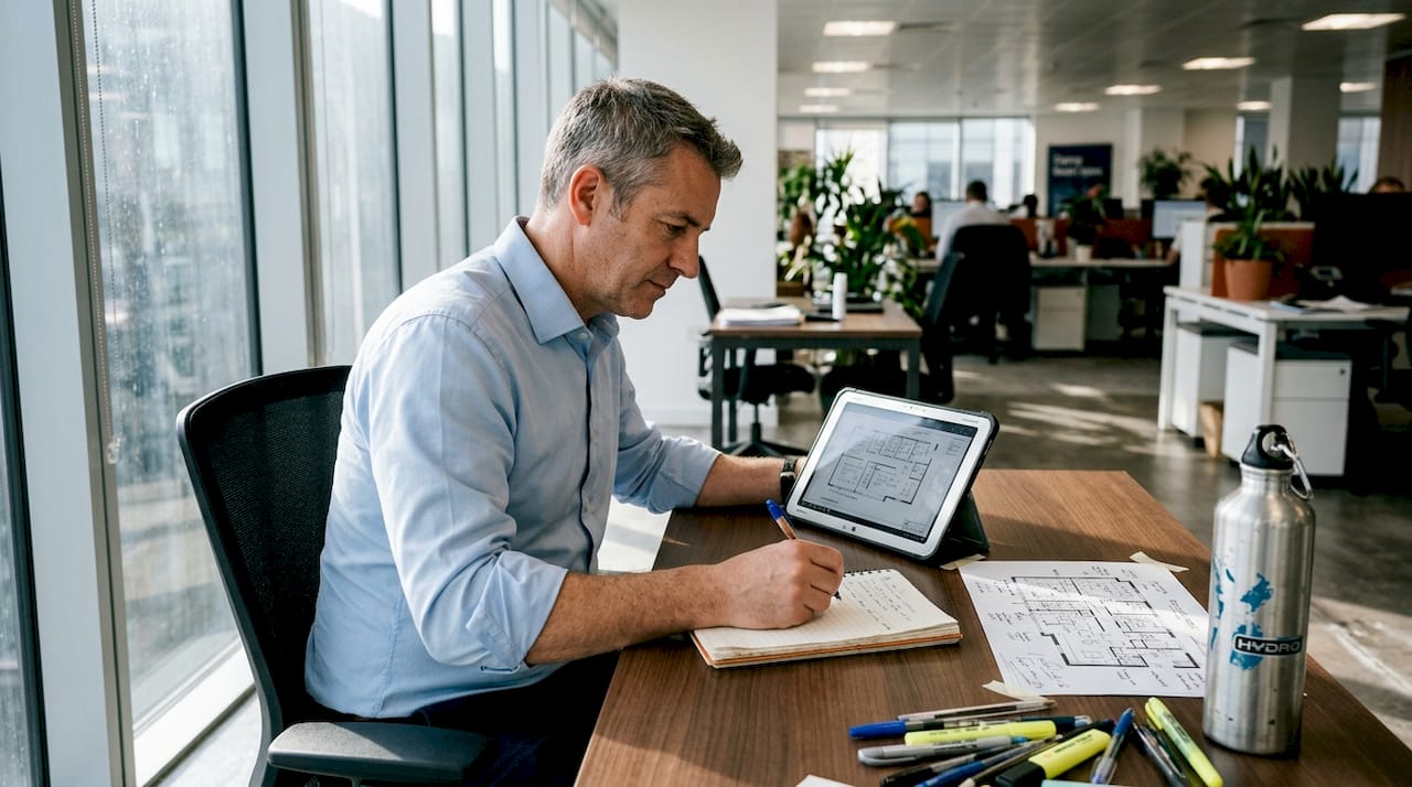 Man planning desk layout in bright corner office