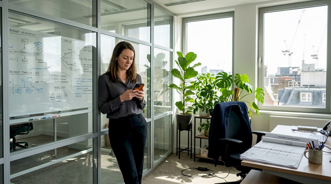 Office manager with glass partition in workplace
