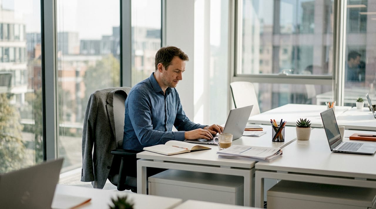 Office worker at compact desks in open-plan space