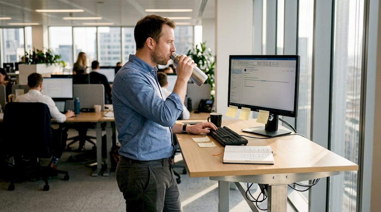 Office worker using sit-stand desk in workspace