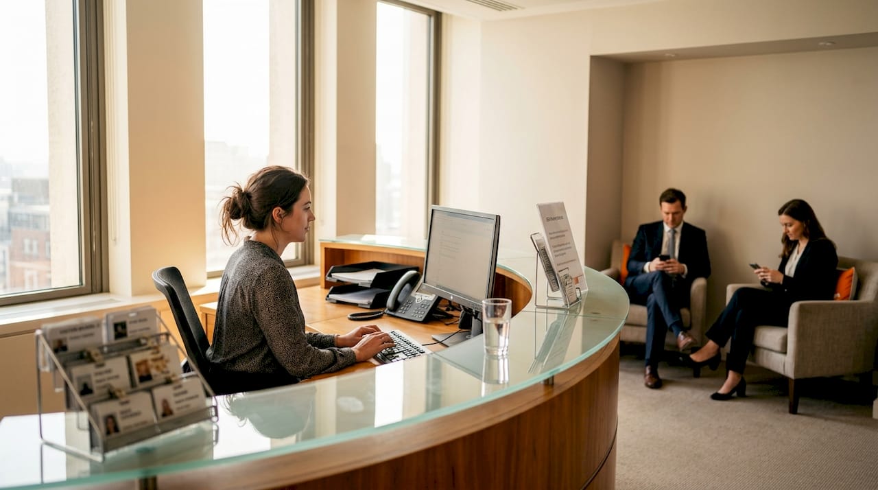 Receptionist greeting guests in office waiting area
