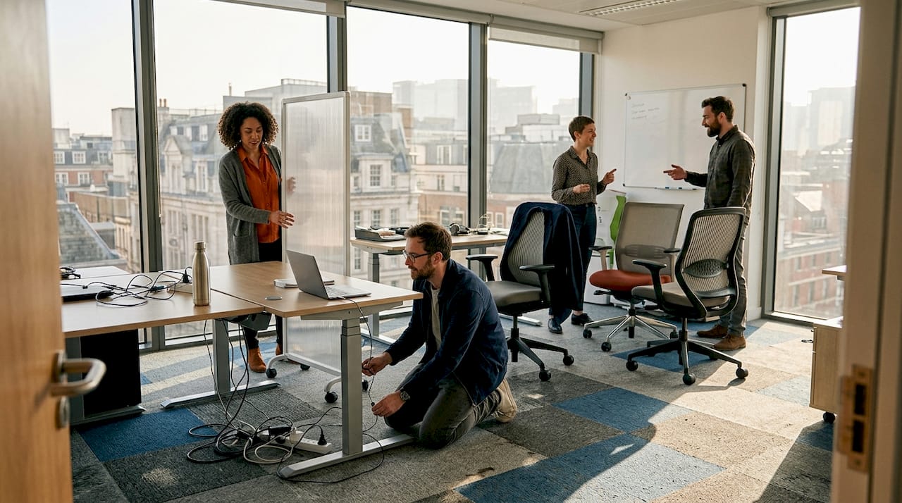 Team rearranging desks in bright corner office