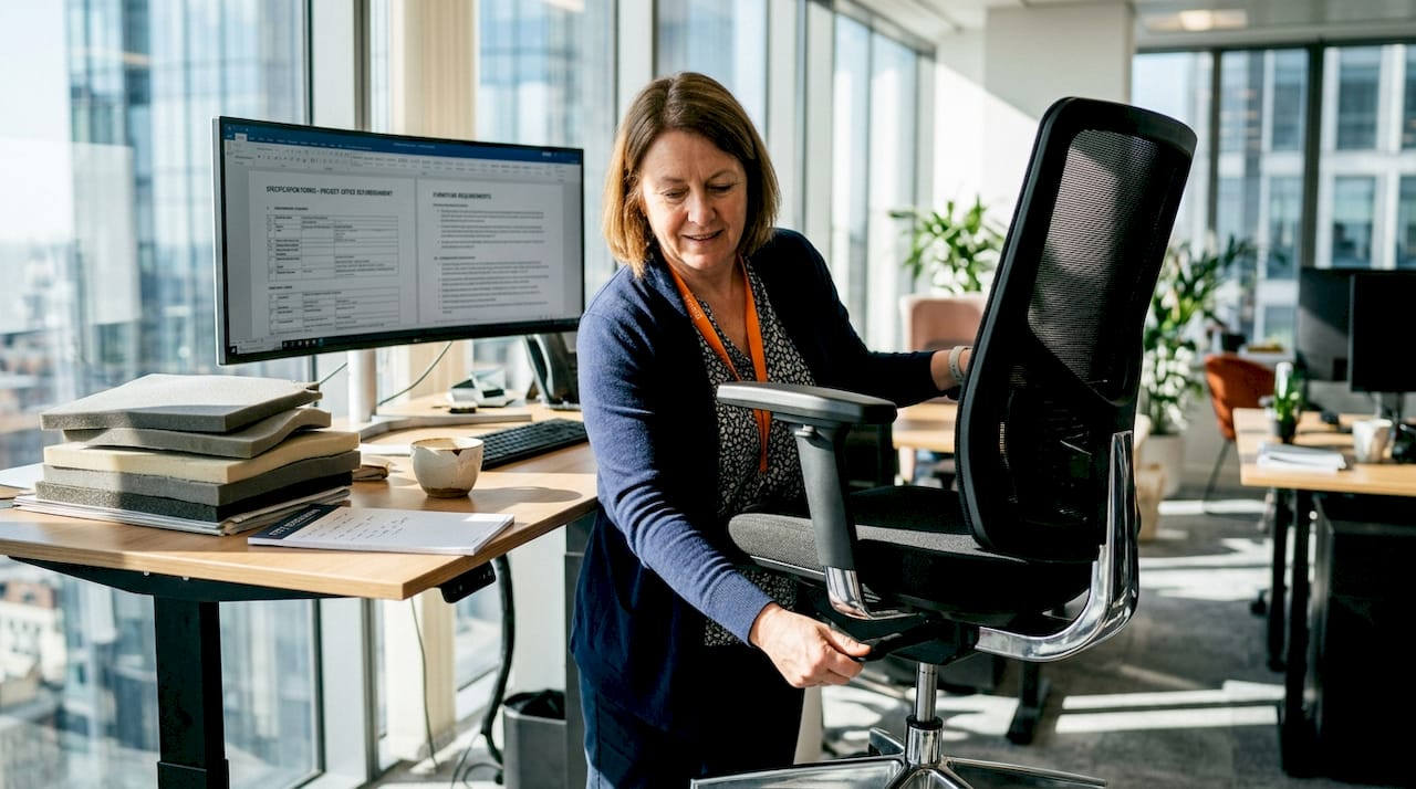 Office manager reviews ergonomic chair design in UK office