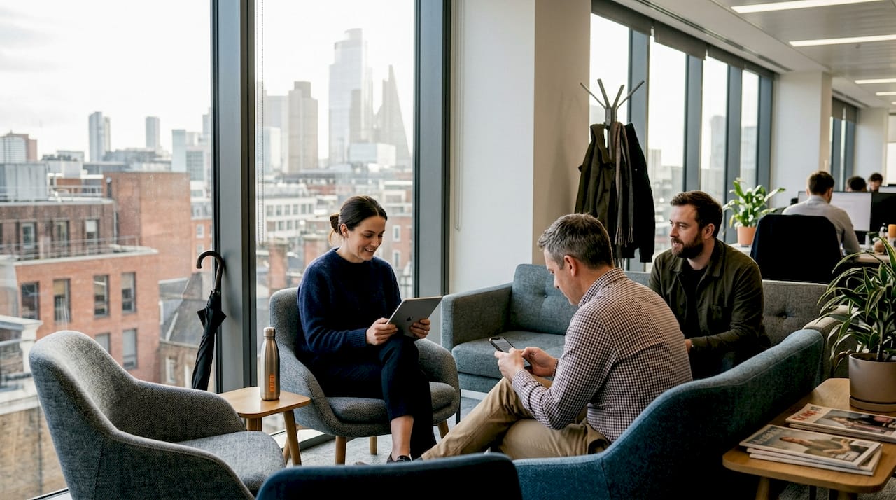 Professionals using lounge seating in corner office
