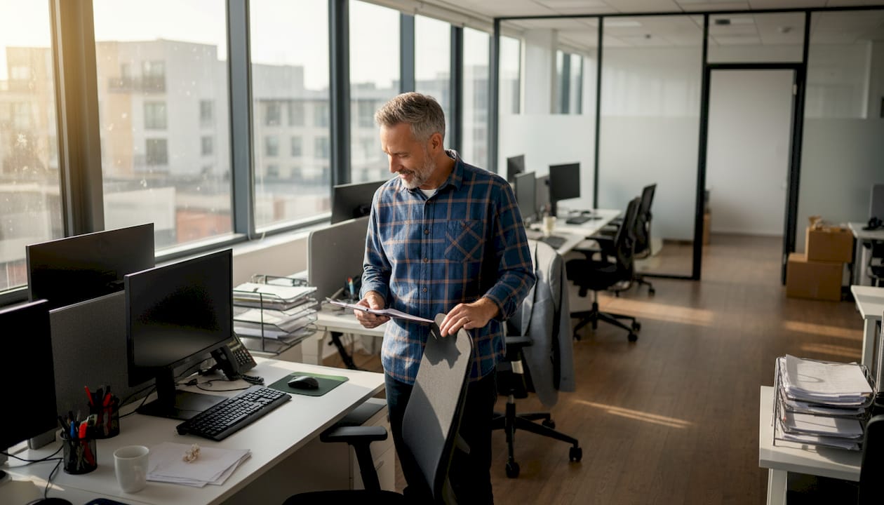 Manager reviewing office essentials in workspace
