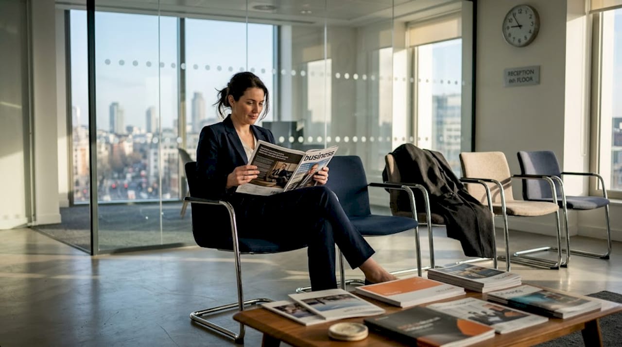 Business visitor seated in office reception area