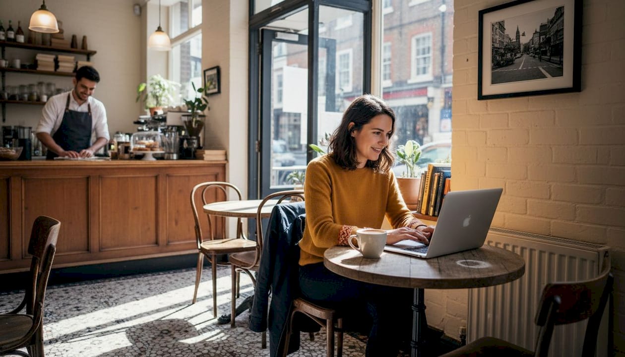 Wide café seating scene with customers and barista