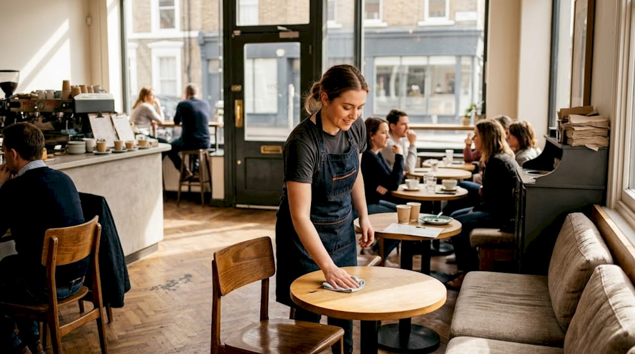 Barista arranging tables in busy café interior