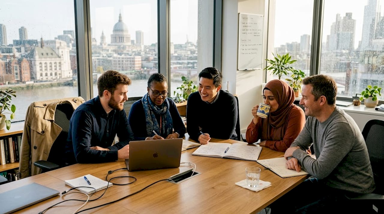 Workers collaborating in corner hybrid office