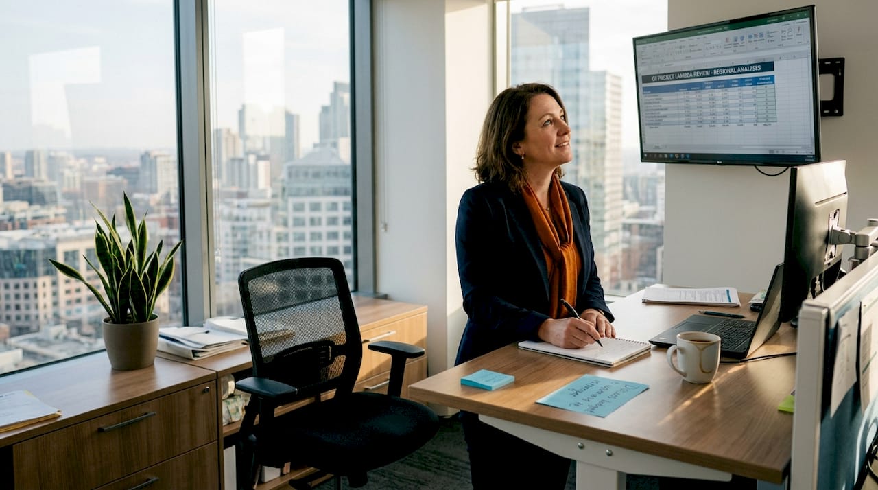 Manager working in UK office with ergonomic furniture