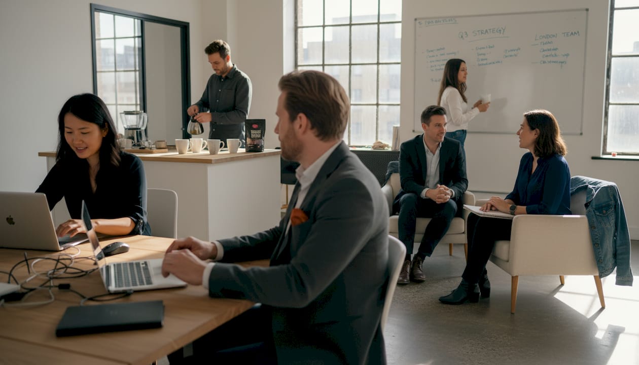 Hybrid office with people working, casual layout