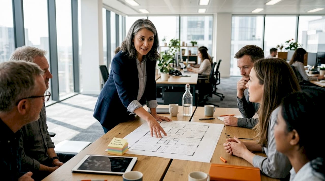 Manager reviews floor plan in busy corner office