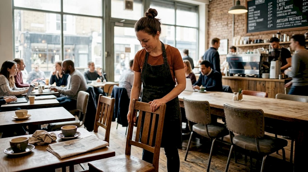 Café manager adjusting durable hospitality chair