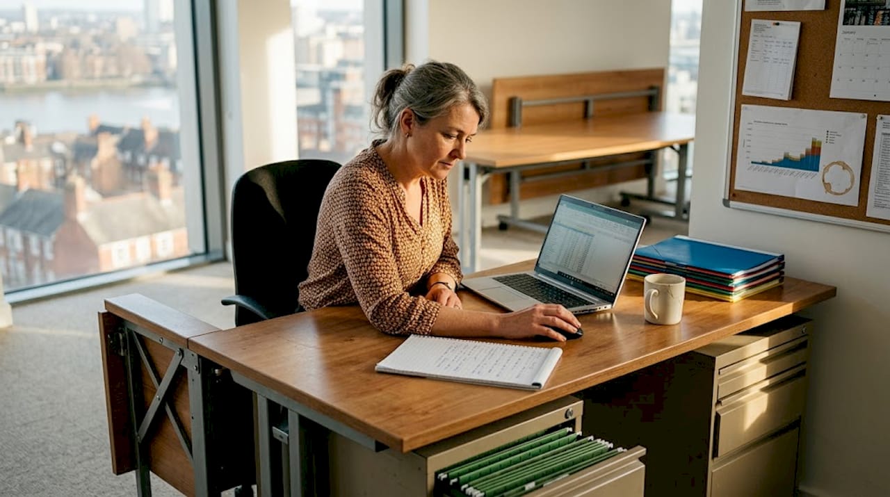 Office manager using convertible desk in busy office