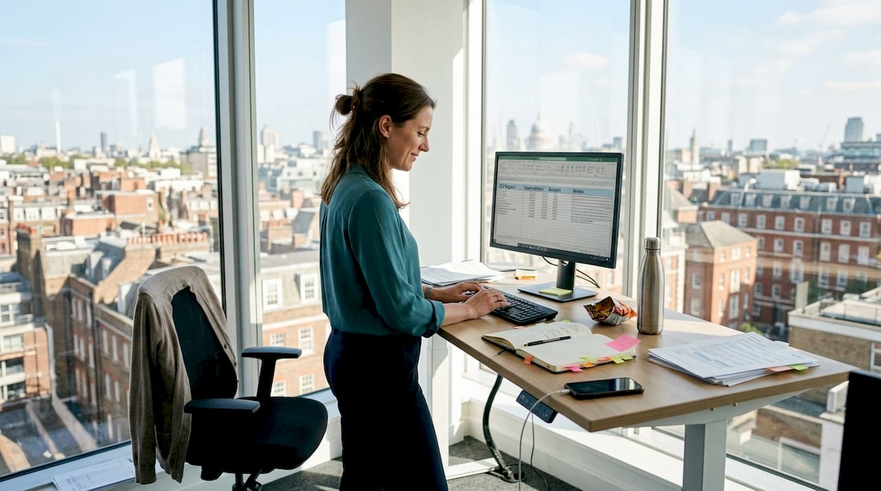 Professional using standing desk in corner office