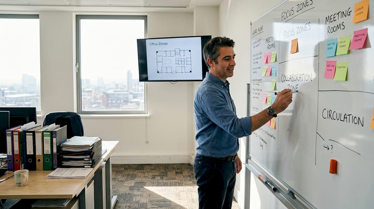 Manager mapping office zoning on whiteboard