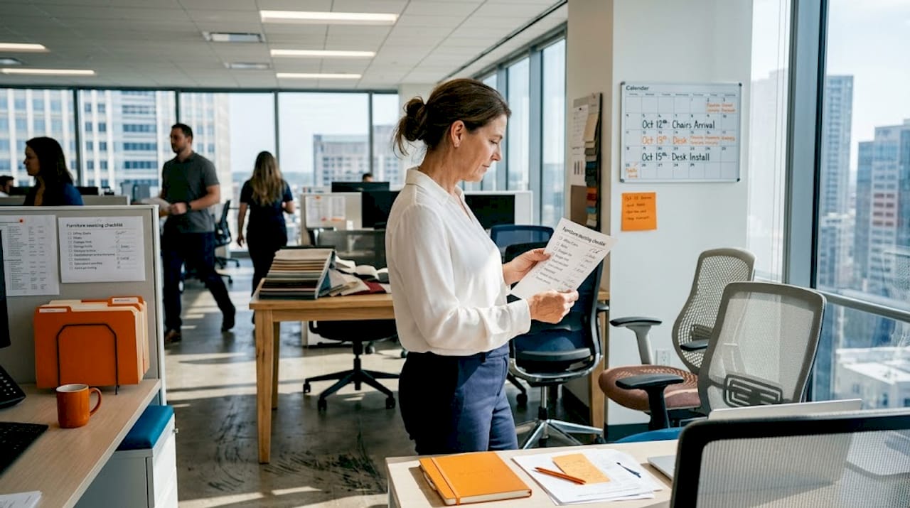 Manager reviewing office furniture sourcing checklist