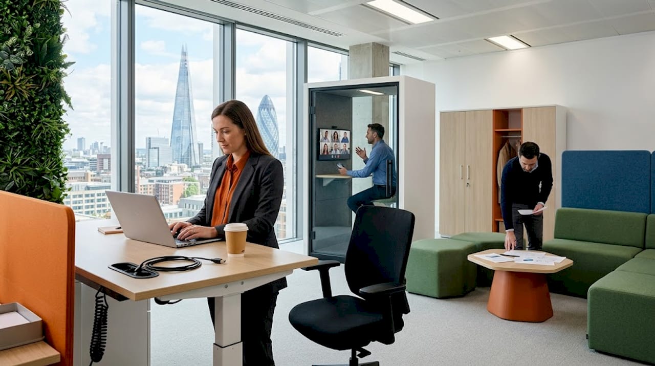 Hybrid UK office workers with modular setups in 2026