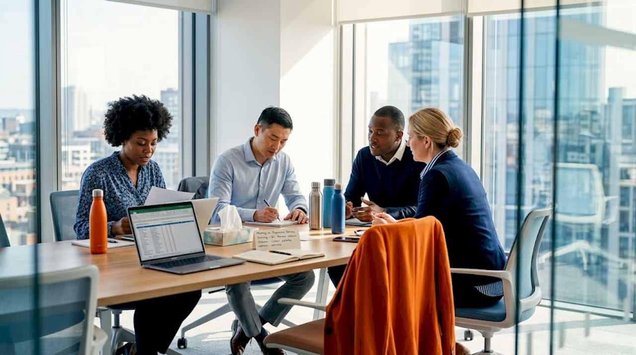Hybrid team collaborating in modern corner office