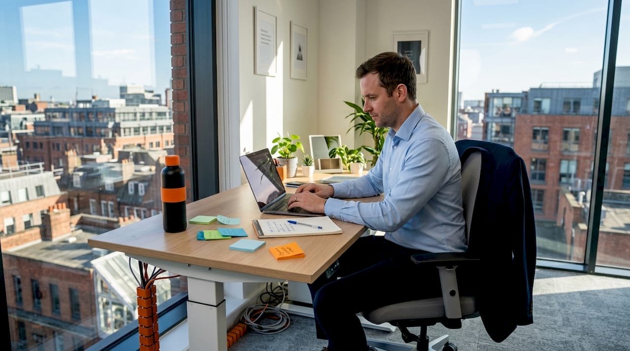 Worker at height-adjustable desk in corner office